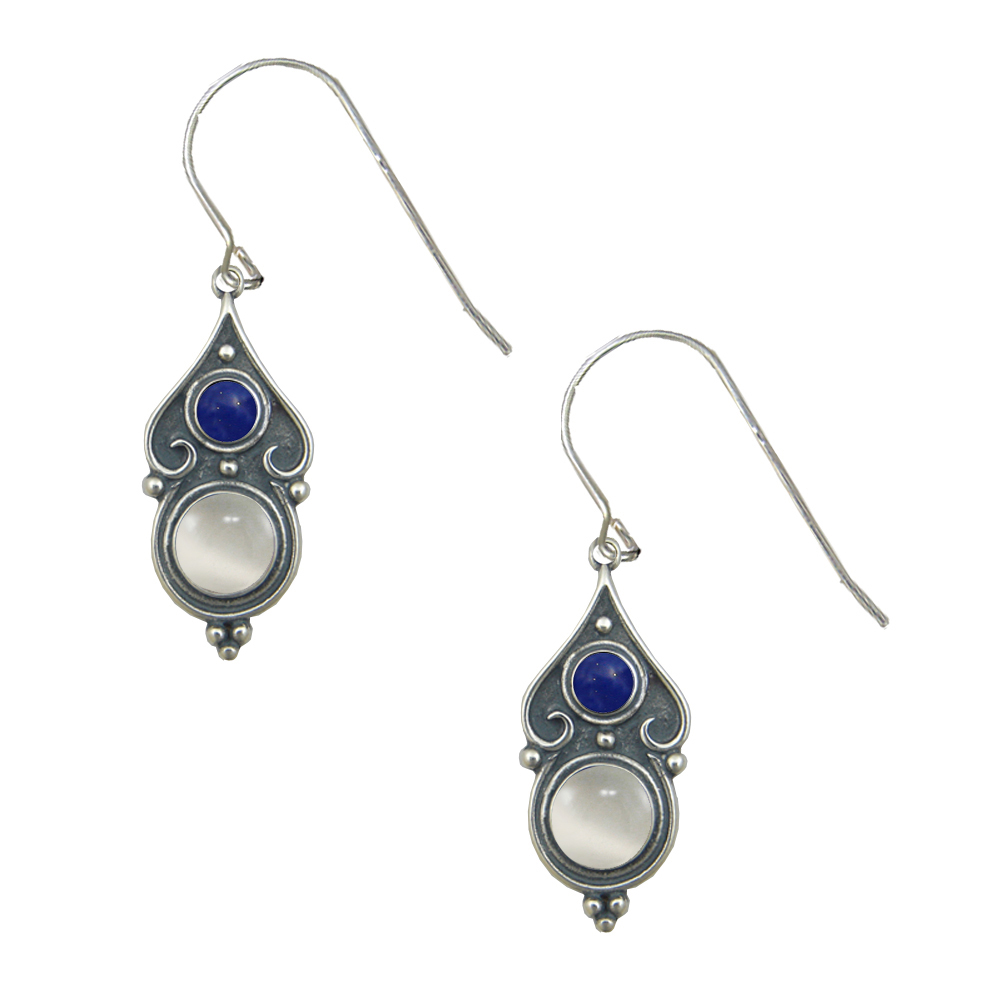 Sterling Silver Designer Post Stud Earrings With White Moonstone And Lapis Lazuli